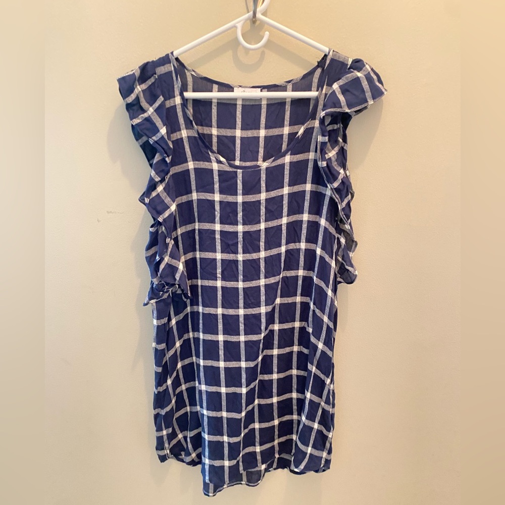 Glam Apparel Blue Shift Shirt Dress with Ruffled Arms - M